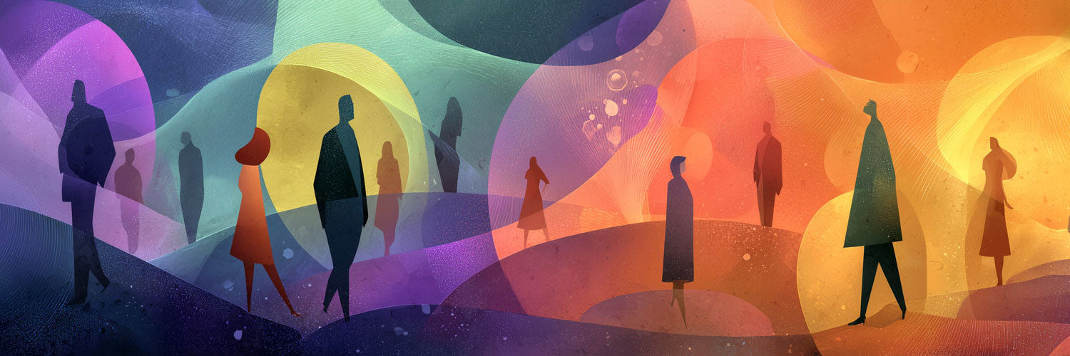 An abstract depiction of various people in contemplative poses in silhouette