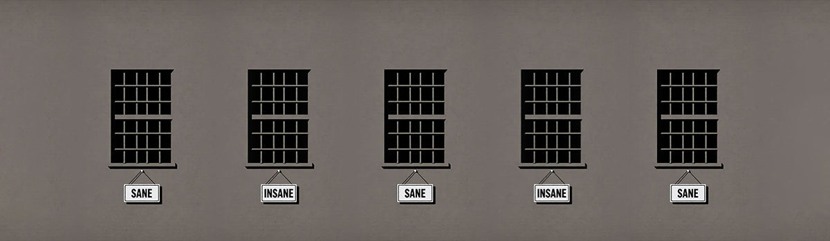 Five identical prison cell windows with signs below alternating between 'SANE' and 'INSANE' illustrating arbitrary definitions of sanity
