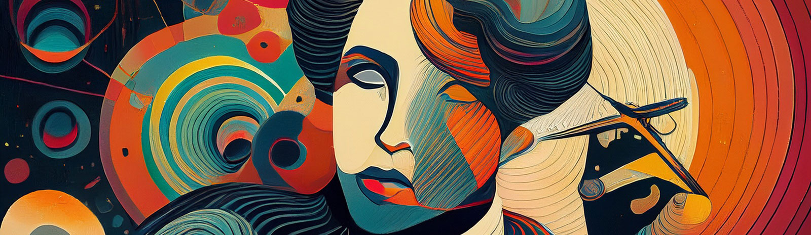 Retro-style abstract portrait of Hannah Arendt in vibrant orange, teal, cream colors with geometric circular patterns and flowing lines