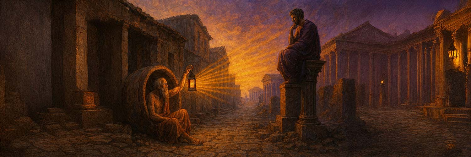 Diogene di Sinope tiene in mano una lanterna la cui luce proietta un'ombra che forma una colonna stoica, a simboleggiare l'influenza del cinismo sulla filosofia stoica.