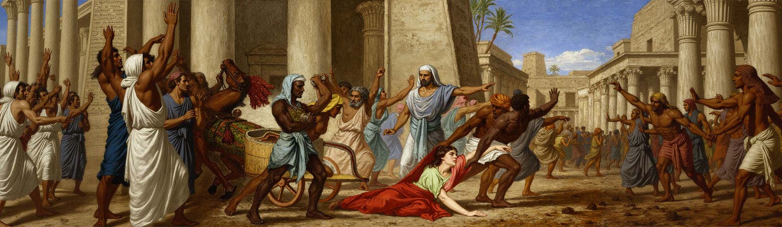 Classical painting depicting the murder of Hypatia of Alexandria by an angry mob in front of ancient columned buildings