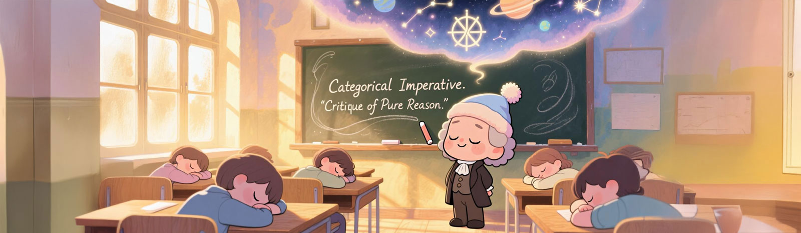 Cartoon showing Kant teaching "Critique of Pure Reason" to a classroom of sleeping students, with a starry cosmic sky visible through the window.