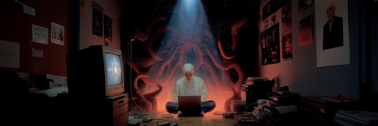 Person sitting cross-legged with laptop in dimly lit room, surrounded by supernatural red tentacle-like manifestation emerging from wall behind them, with blue light beam from above.