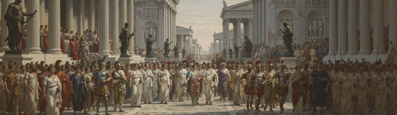 Classical painting depicting ancient Roman forum scene with crowds of toga-wearing citizens, soldiers, and officials gathered among grand columned temples.