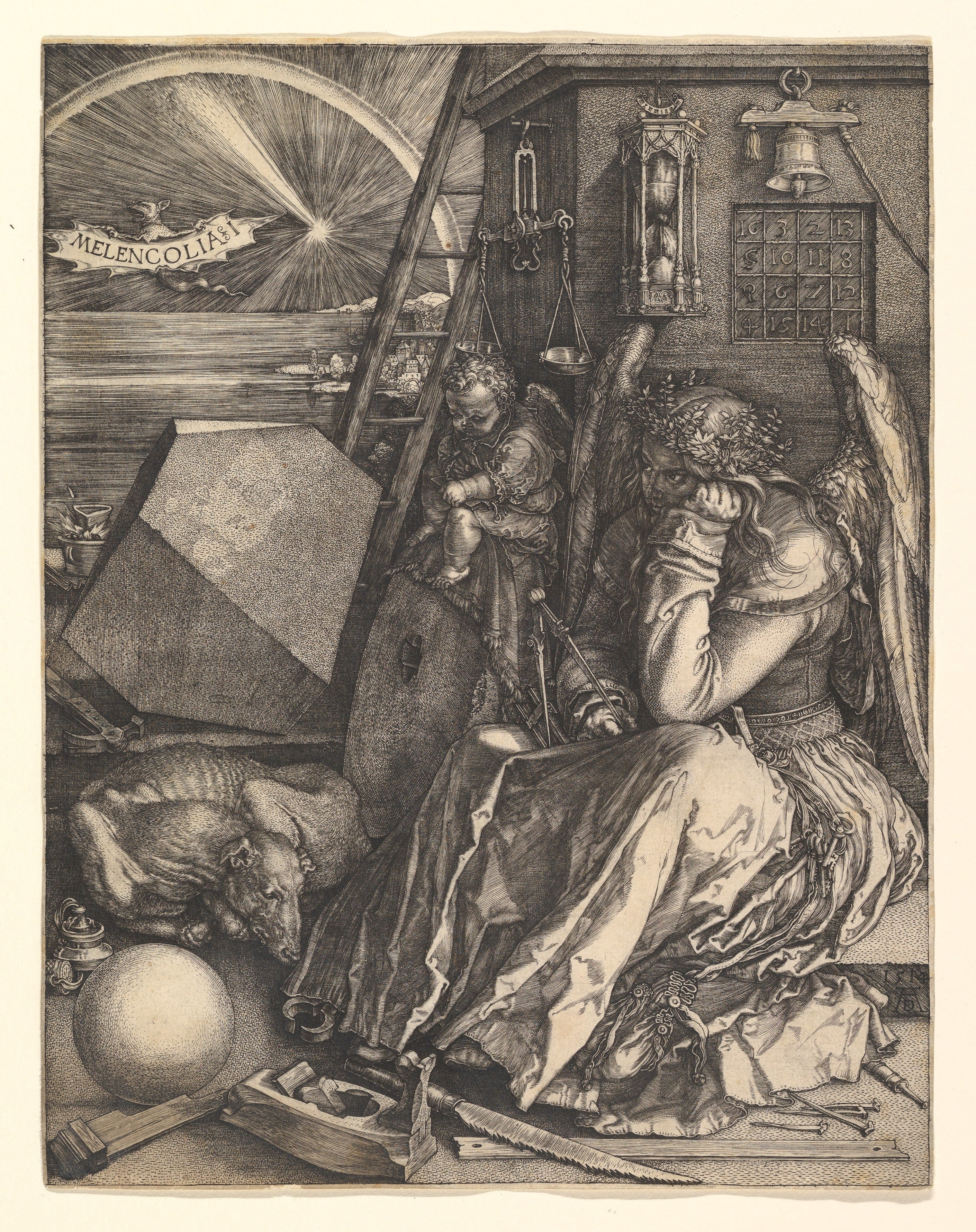Albrecht Dürer’s engraving Melencolia I (1514): a winged figure sits slumped with her head on her hand, surrounded by unused tools, a polyhedron, a ladder, an hourglass and a magic square