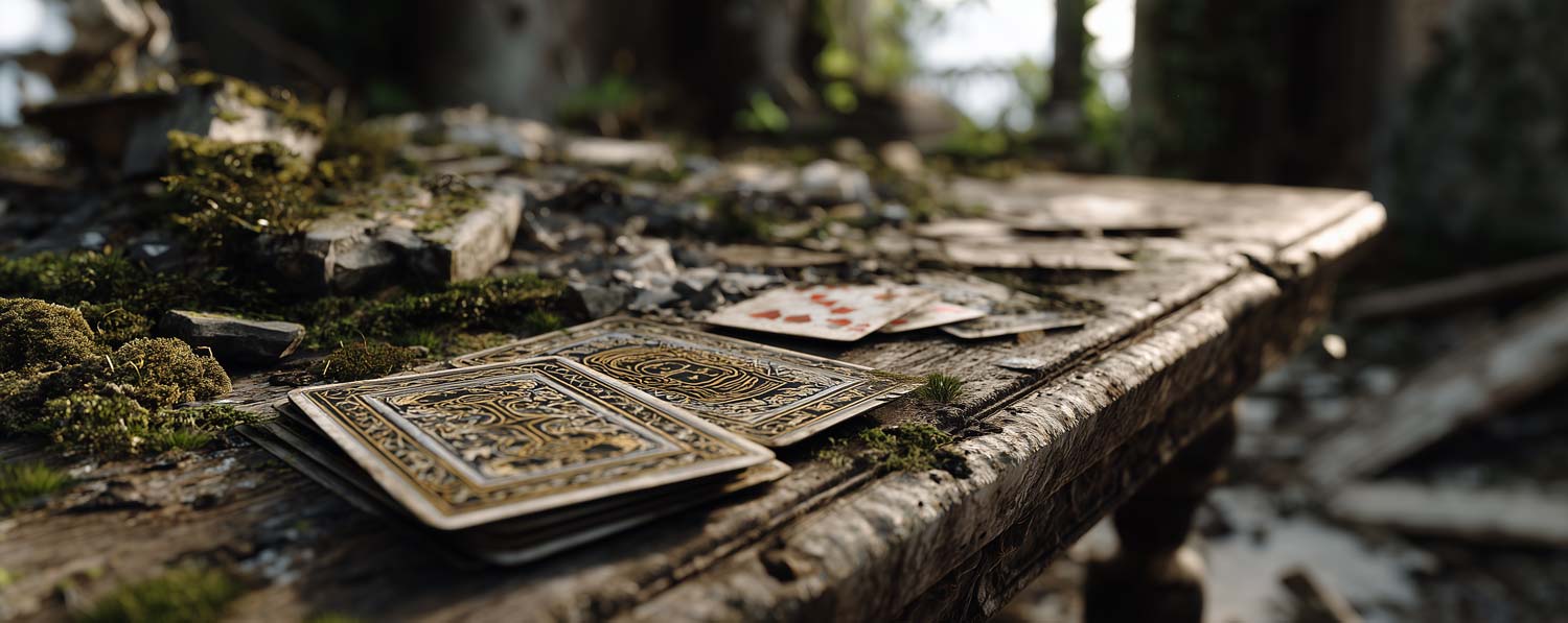 An antique table containing an array of playing cards in a moody style.