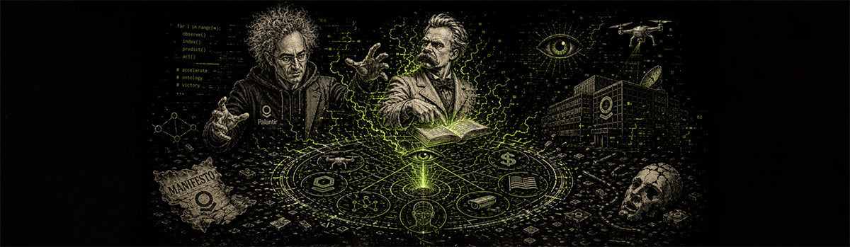 A dark, high-contrast illustration shows a wild-haired tech CEO summoning a glitching philosopher’s bust from a neon green ritual circle filled with surveillance and tech symbols, while the philosopher points critically at a glowing book amid digital dist
