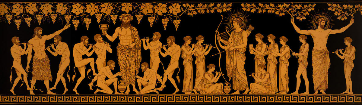 Ancient Greek pottery style illustration depicting Dionysian revelry with wine and music on left, Apollonian order with lyre and harmony on right, separated by contrasting scenes.