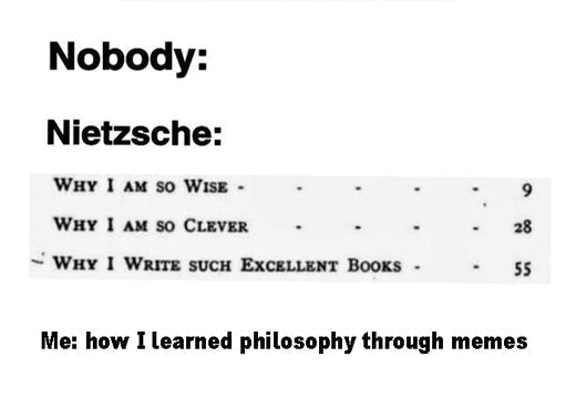Nietzsche meme “Nobody: / Nietzsche:” over the Ecce Homo contents page: Why I Am So Wise, Why I Am So Clever, Why I Write Such Excellent Books