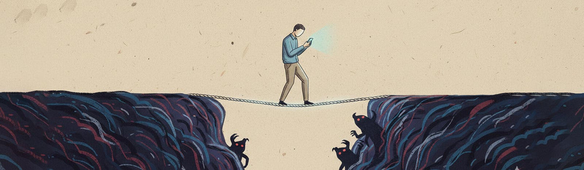 Nietzsche philosophy illustration showing modern person on smartphone walking tightrope over abyss between animal figures and Übermensch, representing Thus Spoke Zarathustra rope metaphor and self-optimization critique