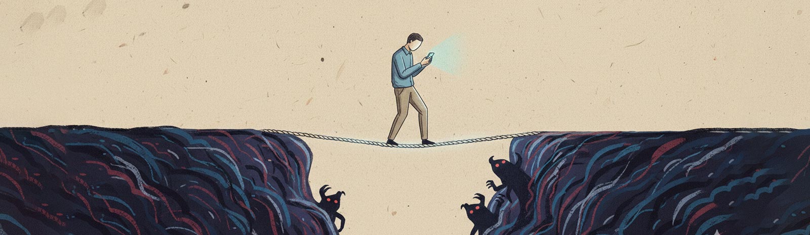 Nietzsche philosophy illustration showing modern person on smartphone walking tightrope over abyss between animal figures and Übermensch, representing Thus Spoke Zarathustra rope metaphor and self-optimization critique