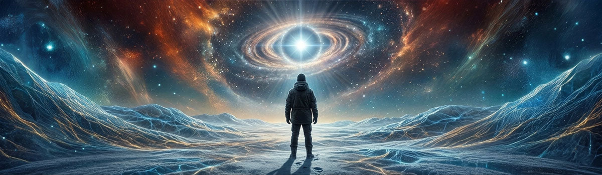 Lone figure in silhouette facing infinite cosmic expanse with colorful nebulae, stars, and bright central light, representing human confrontation with meaninglessness and search for purpose in indifferent universe