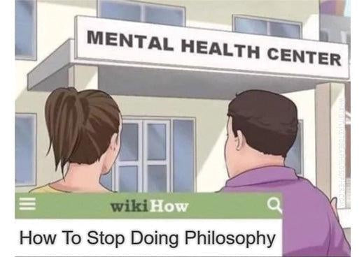 Philosophy and psychotherapy meme: couple in front of a mental health center under a wikiHow banner reading “How To Stop Doing Philosophy”