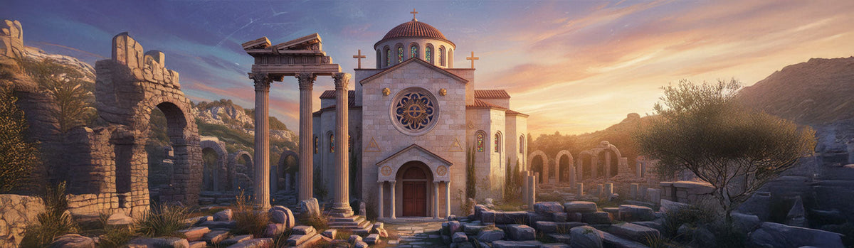 Greek temple ruins next to Christian church illustrating Plato's philosophical influence on early Christianity and fusion of Greek and Christian thought