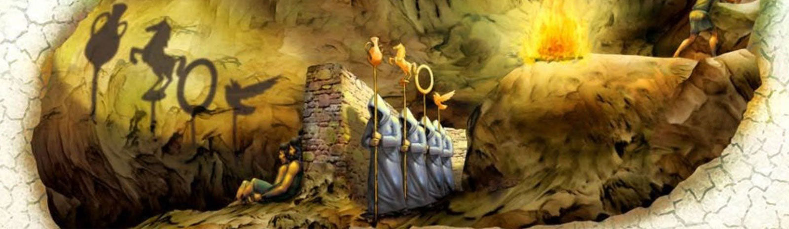 Illustrated cross-section of Plato's cave allegory, showing chained prisoners facing shadow puppets of a vase, horse, and bird cast by firelight, with a figure escaping toward the cave entrance above.