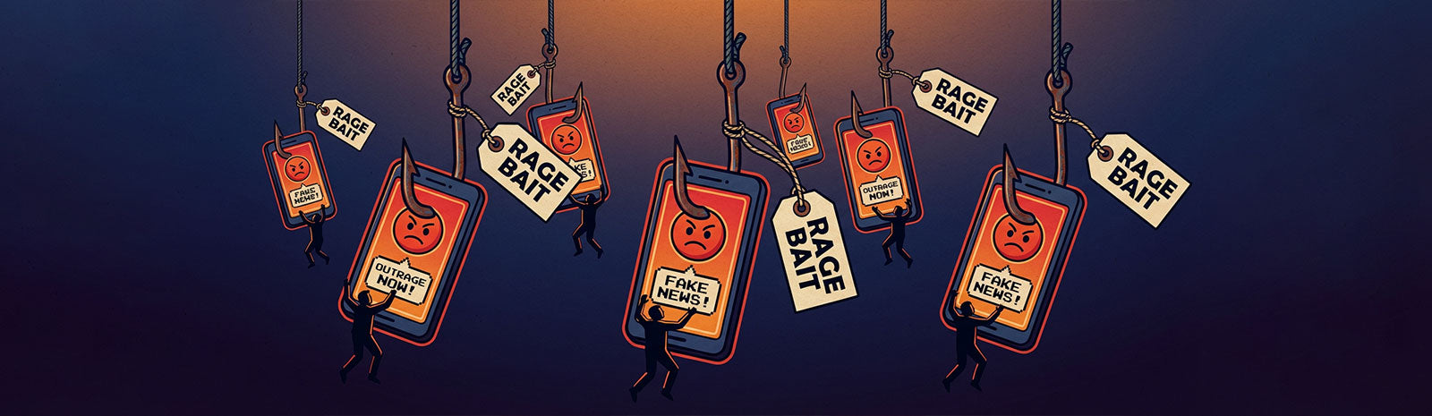 A number of fishing hooks puncturing red cards with angry titles and tags for each with the words: RAGE BAIT. Small people latch onto these cards.