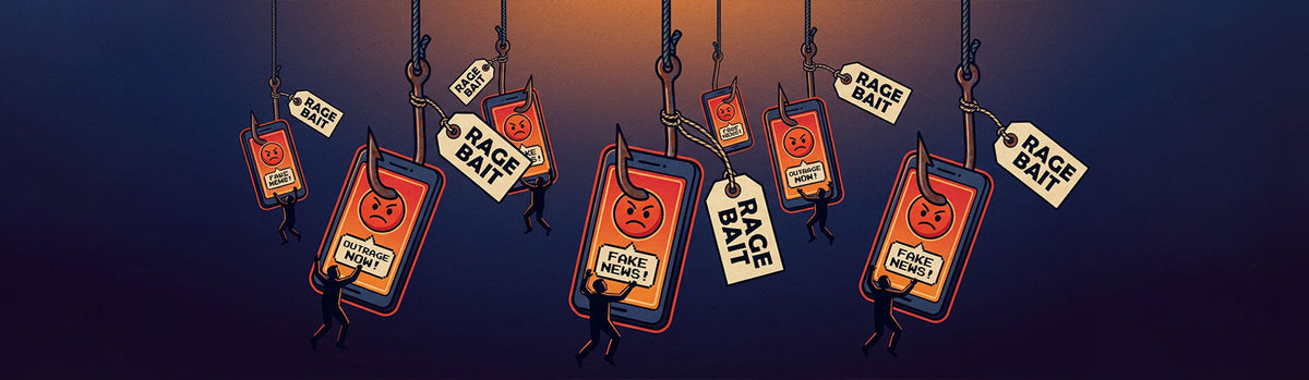 A number of fishing hooks puncturing red cards with angry titles and tags for each with the words: RAGE BAIT. Small people latch onto these cards.