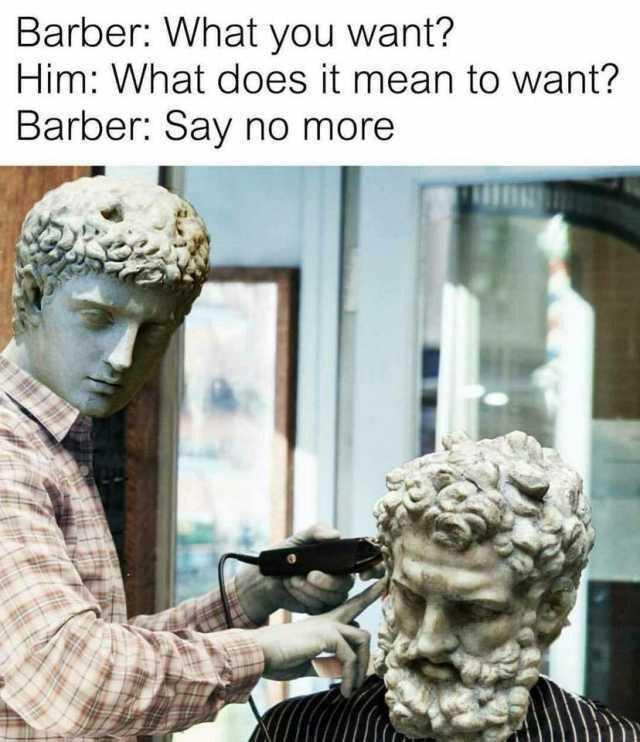 Meme of two marble statues in a barbershop. The barber asks what the customer wants, the customer asks what it means to want, and the barber starts cutting.