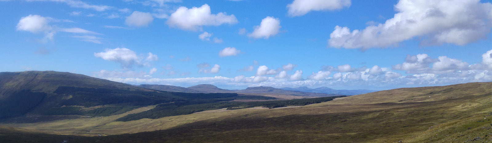 Panoramic view of the Scottish Highlands, rolling moss-green and brown hills with a dark strip of pine forest in the valley, under a wide blue sky with scattered fair-weather clouds.
