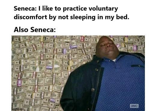 Seneca meme: “I like to practice voluntary discomfort by not sleeping in my bed”, above a man asleep on a pile of banknotes