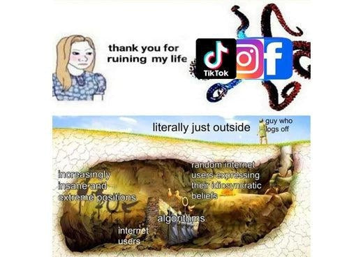 Plato’s cave meme: social media as the cave, with algorithms casting the shadows and the guy who logs off outside