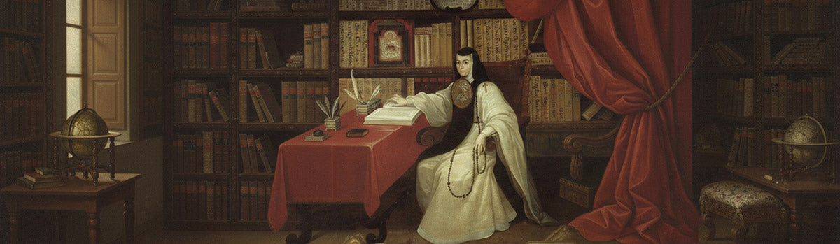 Colonial-era portrait of Sor Juana Inés de la Cruz in white nun's habit sitting at red-covered table in her library cell, surrounded by floor-to-ceiling bookshelves, writing with quill pen while wearing distinctive medallion.