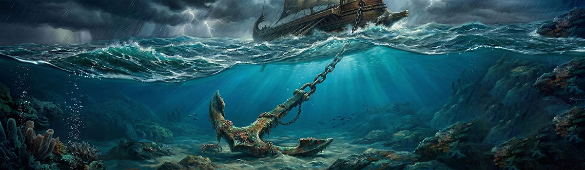 Dramatic underwater scene showing ancient weathered anchor embedded on ocean floor with chain extending upward to Roman galley ship battling stormy seas above, lightning strikes illuminating dark waves, stoic stability metaphor