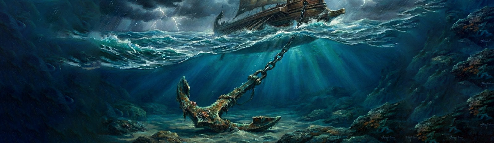 Dramatic underwater scene showing ancient weathered anchor embedded on ocean floor with chain extending upward to Roman galley ship battling stormy seas above, lightning strikes illuminating dark waves, stoic stability metaphor