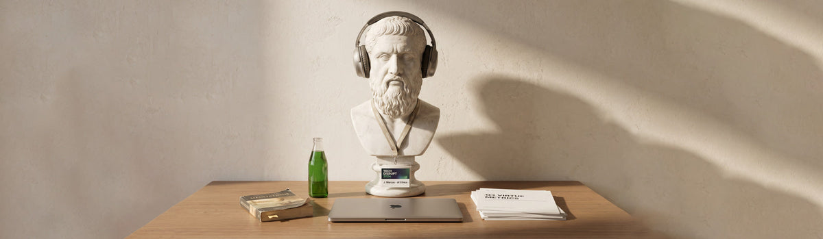 Marble bust of a Roman philosopher wearing headphones and a Tech Disrupt conference badge, seated at a desk with a MacBook, Meditations, and a Q3 Virtue Metrics report.