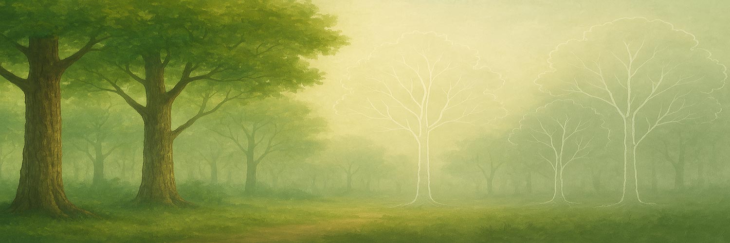 A forest with detailed trees on the left and faint outlines on the right, symbolizing potential lives.