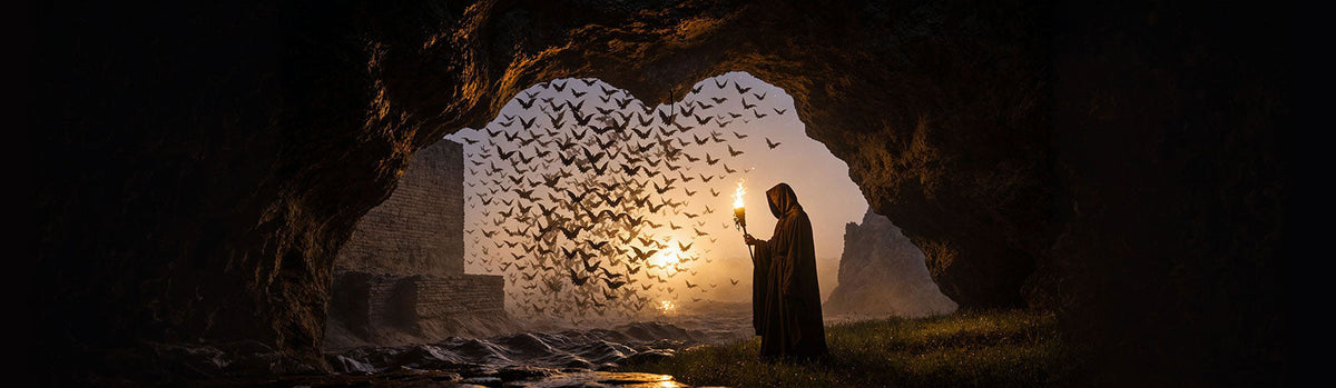 A seaside cave at dusk, the sun fading. A large group of bats escape the cave as a cloaked figure holds a torch nearby to illustrate Thomas Nagel's 