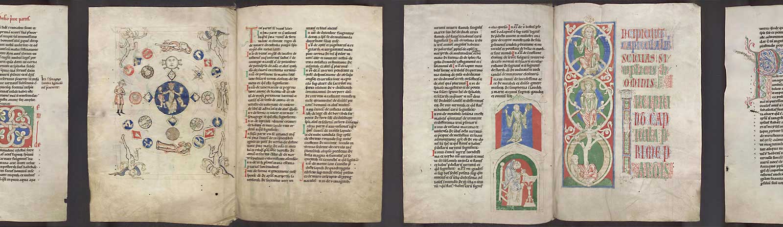 Open medieval manuscript showing pages from Hildegard of Bingen's "Scivias" with Latin text on the left page and illuminated miniatures on the right, featuring colorful religious figures in medieval artistic style with gold and red decorative lettering.