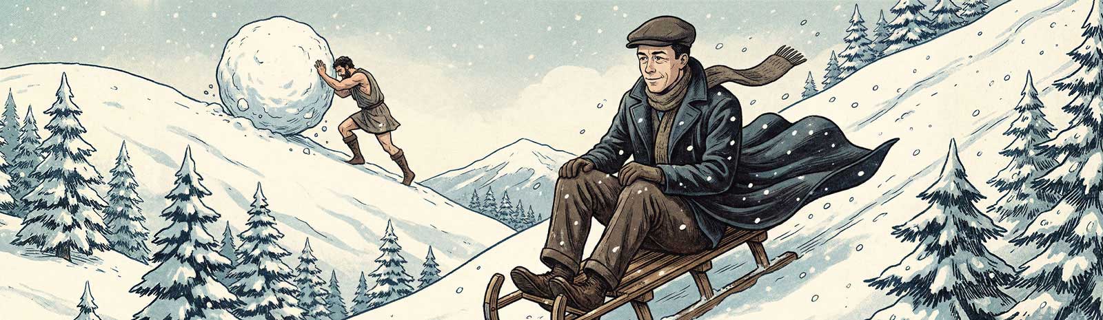 Illustrated scene showing Albert Camus sitting contentedly on a sled in the foreground while Sisyphus pushes his boulder up a snowy mountain in the background, set in a winter landscape with pine trees and falling snow