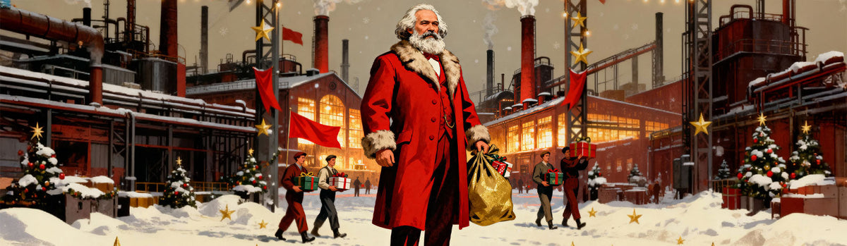 Karl Marx with a Santa-style bag in a red greatcoat, standing in front of a snowy factory town decked out for Christmas, with several young men Victorian-style workers wandering around in the background.