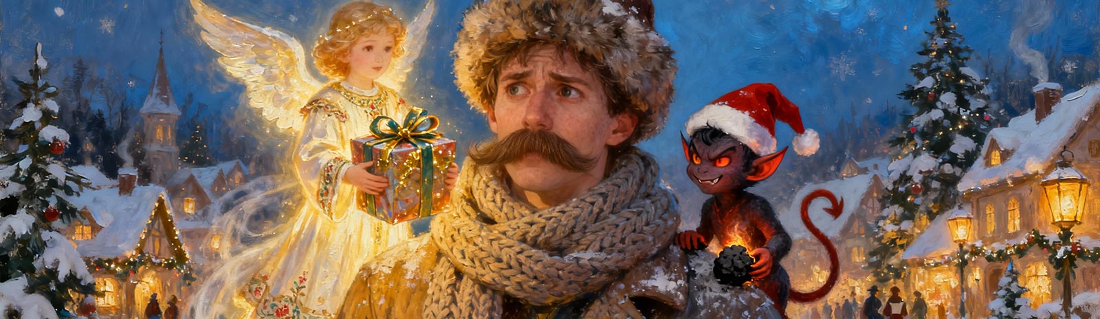 An anxious-looking Nietzsche in a painterly style, with a little devil wearing a santa hat resting behind his shoulder and grasping coal. On the right is a Victorian-style angel floating behind, holding a present. Nietzsche sports a cable knit scarf.