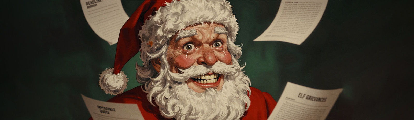 Vintage illustration of Santa Claus with an exaggerated wide grin showing teeth, wearing his traditional red suit and fluffy white-trimmed hat. His expression appears somewhat manic or unsettling, with wide eyes and a forced smile.