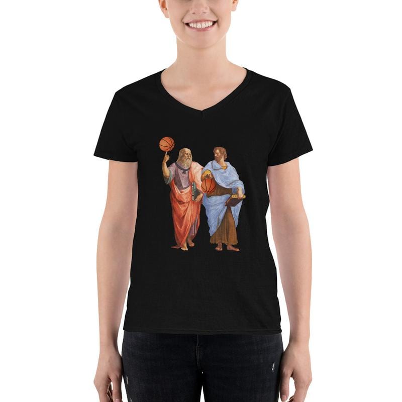 Aristotle and Plato with Basketballs - Women's V-Neck T-Shirt - Black / M - Discounted (US)