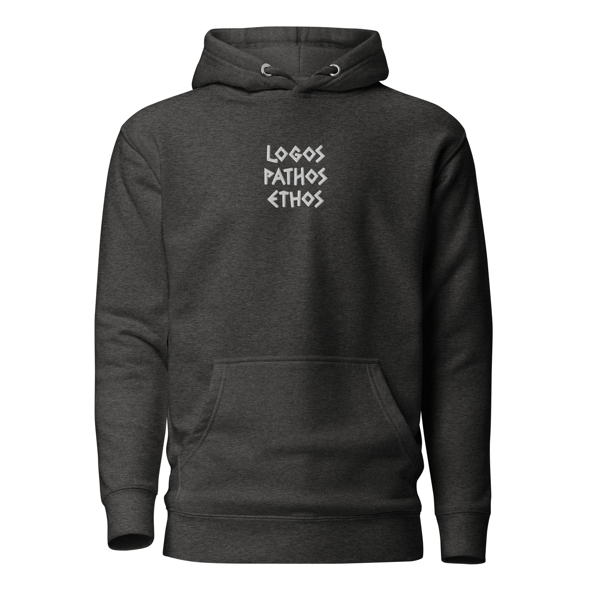 Logos Pathos Ethos - Embroidered - Premium Hoodie - Charcoal Heather - The Philosopher's Shirt