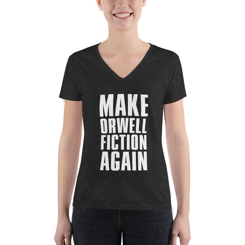 Make Orwell Fiction Again Block Text - Women's V-Neck Shirt - Charcoal-Black Triblend / XL - Discounted (US)