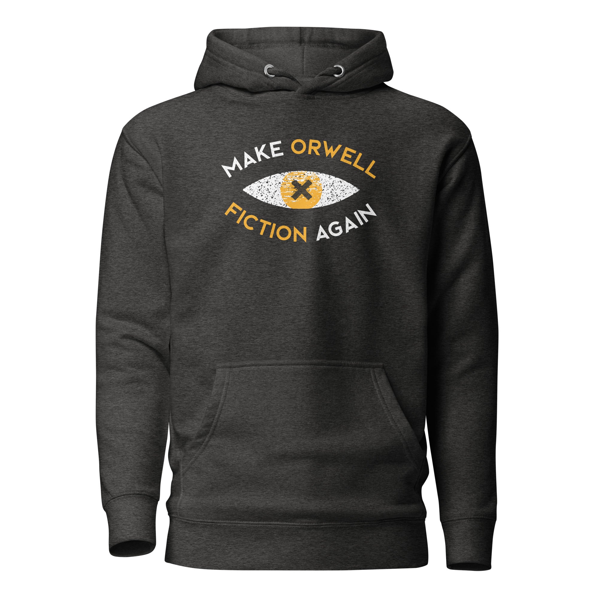 Make Orwell Fiction Again Recon Eye - Premium Hoodie - Charcoal Heather - The Philosopher's Shirt