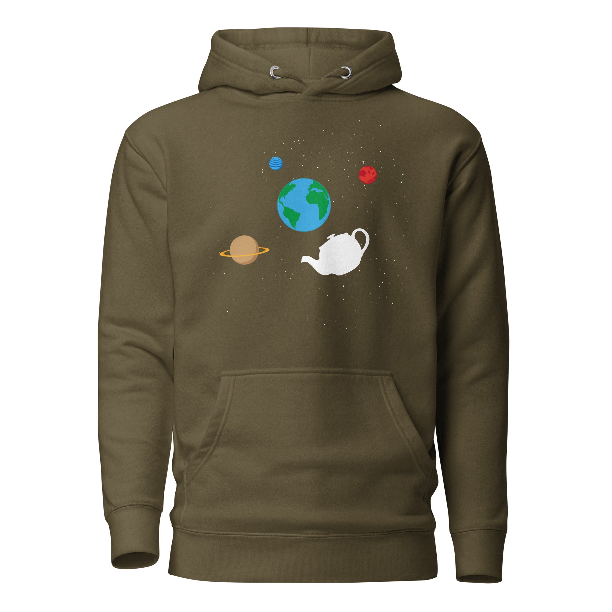 Russell's Teapot Floating in Space - Premium Hoodie - Military Green-S - The Philosopher's Shirt