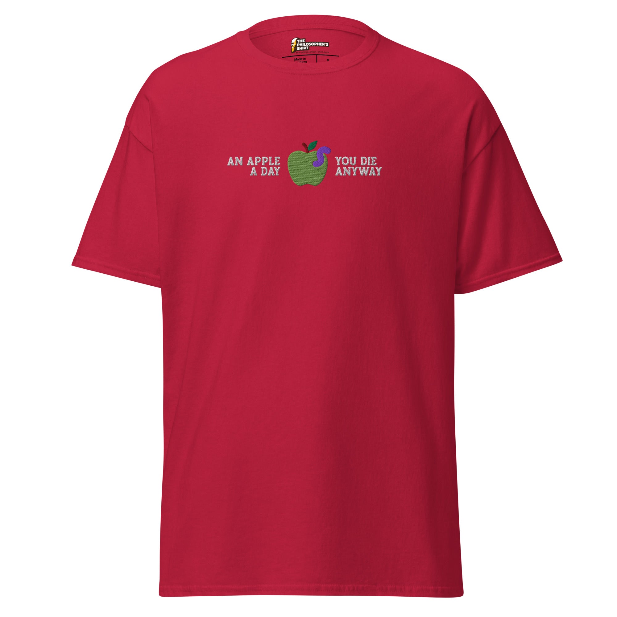 An Apple a Day - Embroidered - Unisex Classic T-Shirt - Cardinal - The Philosopher's Shirt
