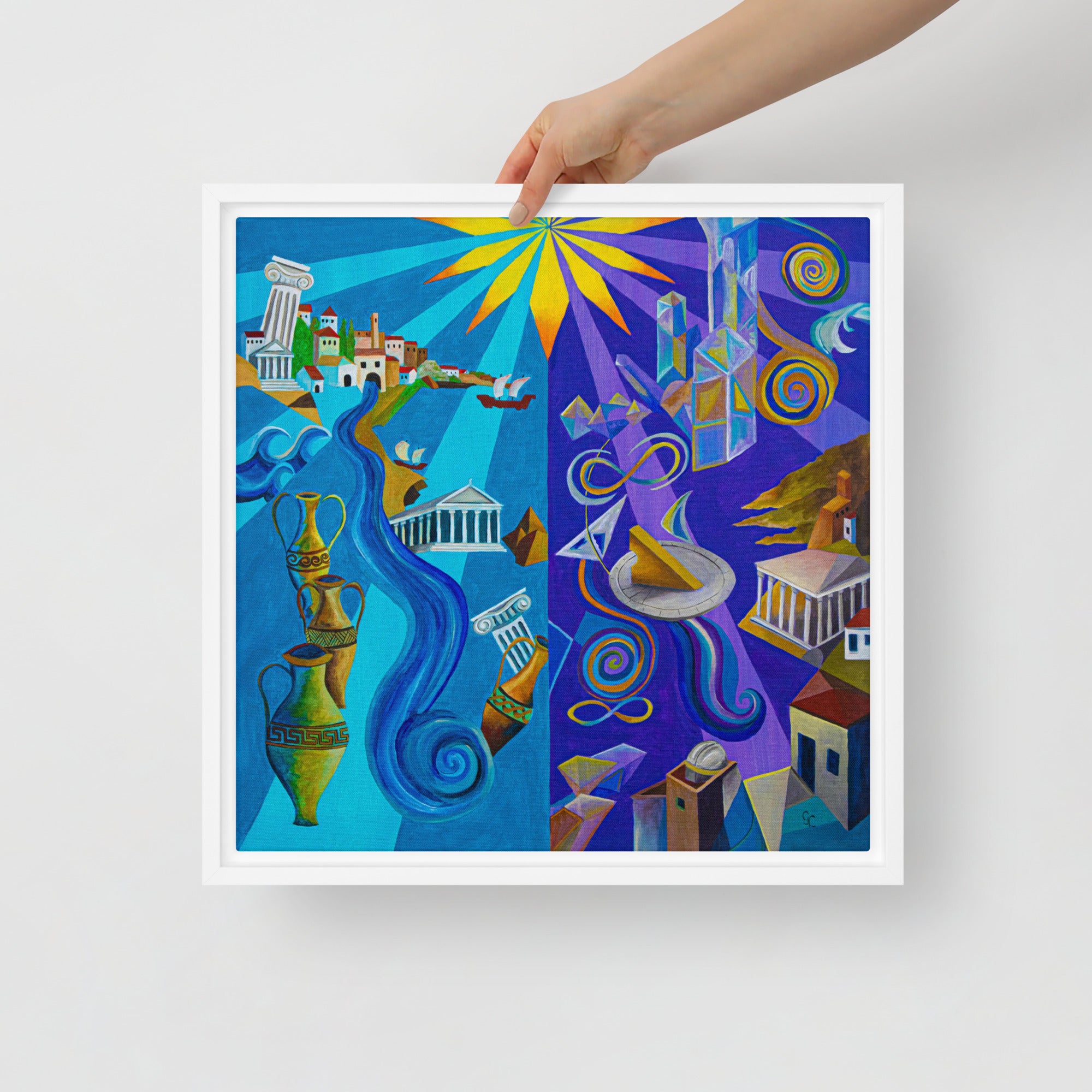 Pre-Socratic philosophy art print: Heraclitus and Parmenides split painting, river of becoming versus crystal of being, philosophy wall art