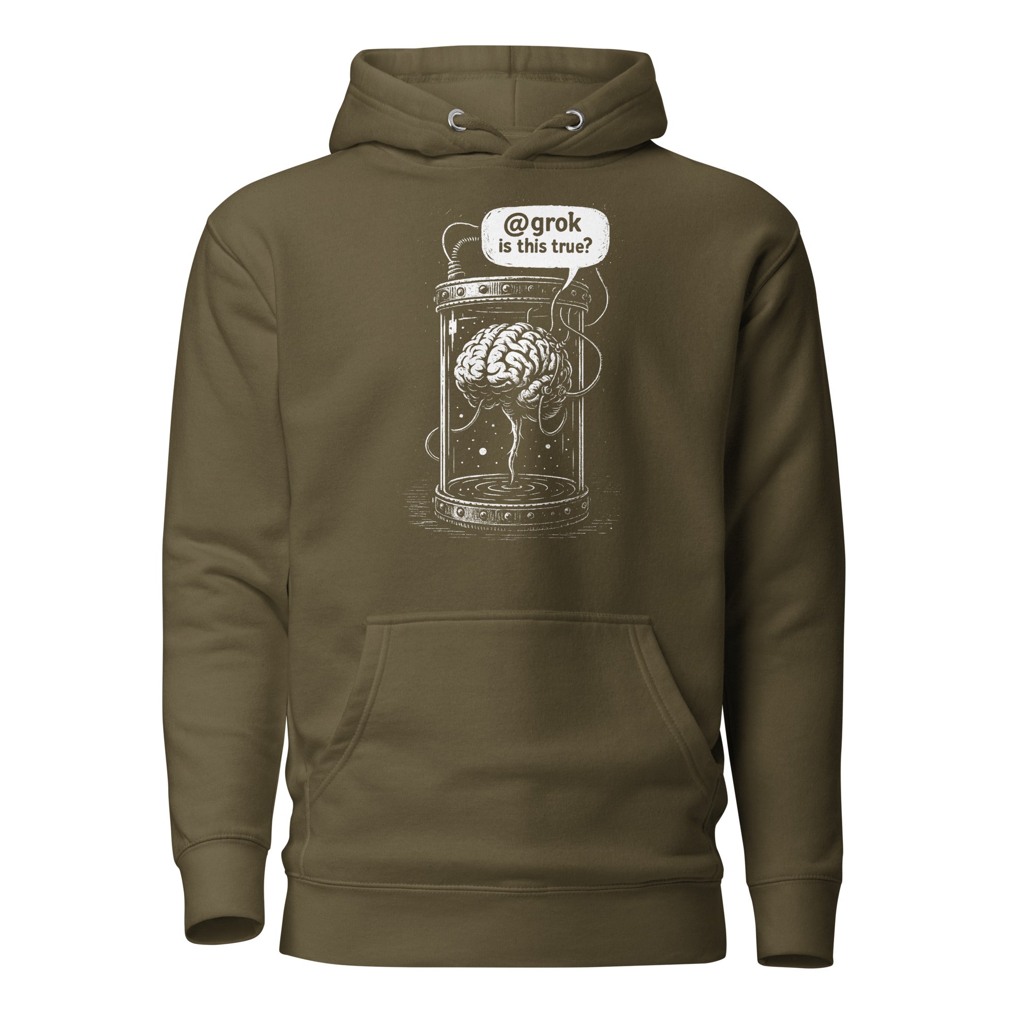 Brain in a vat asking AI - Premium Hoodie - Military Green - The Philosopher's Shirt
