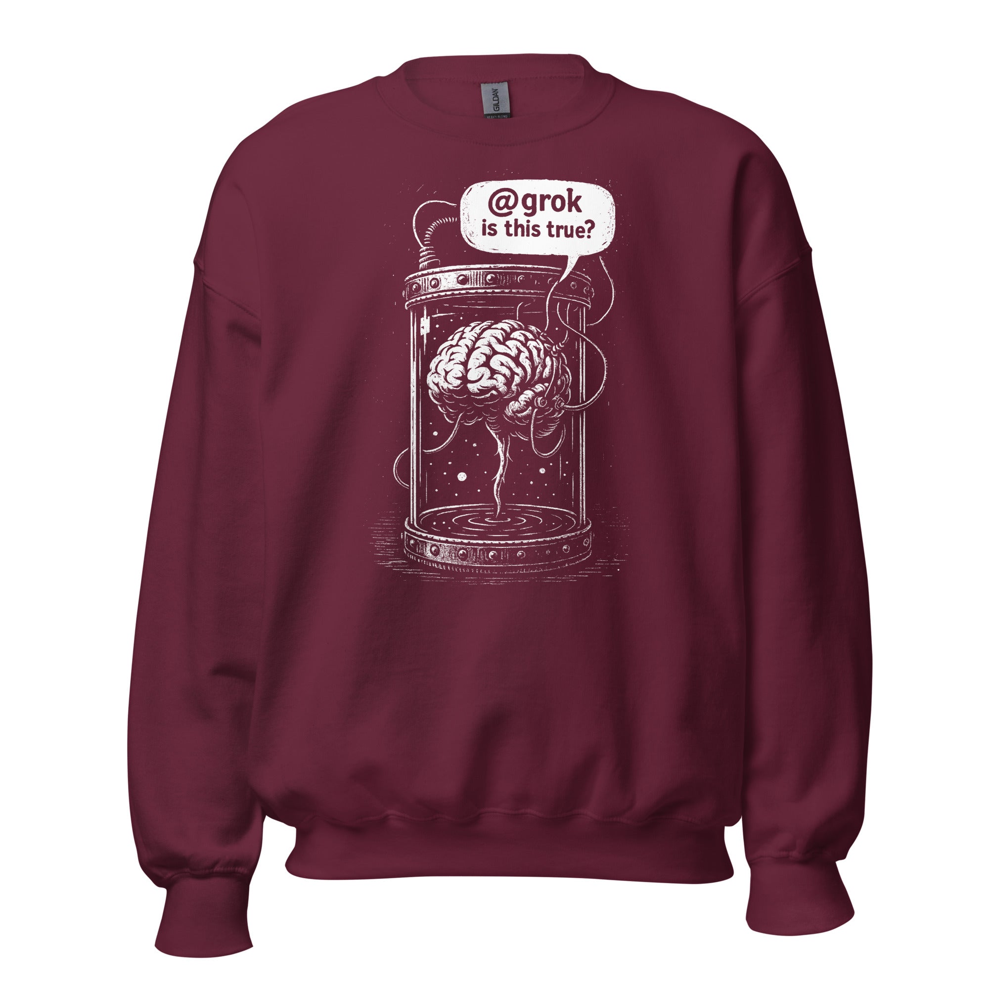 Brain in a vat asking AI - Sweatshirt - Maroon - The Philosopher's Shirt