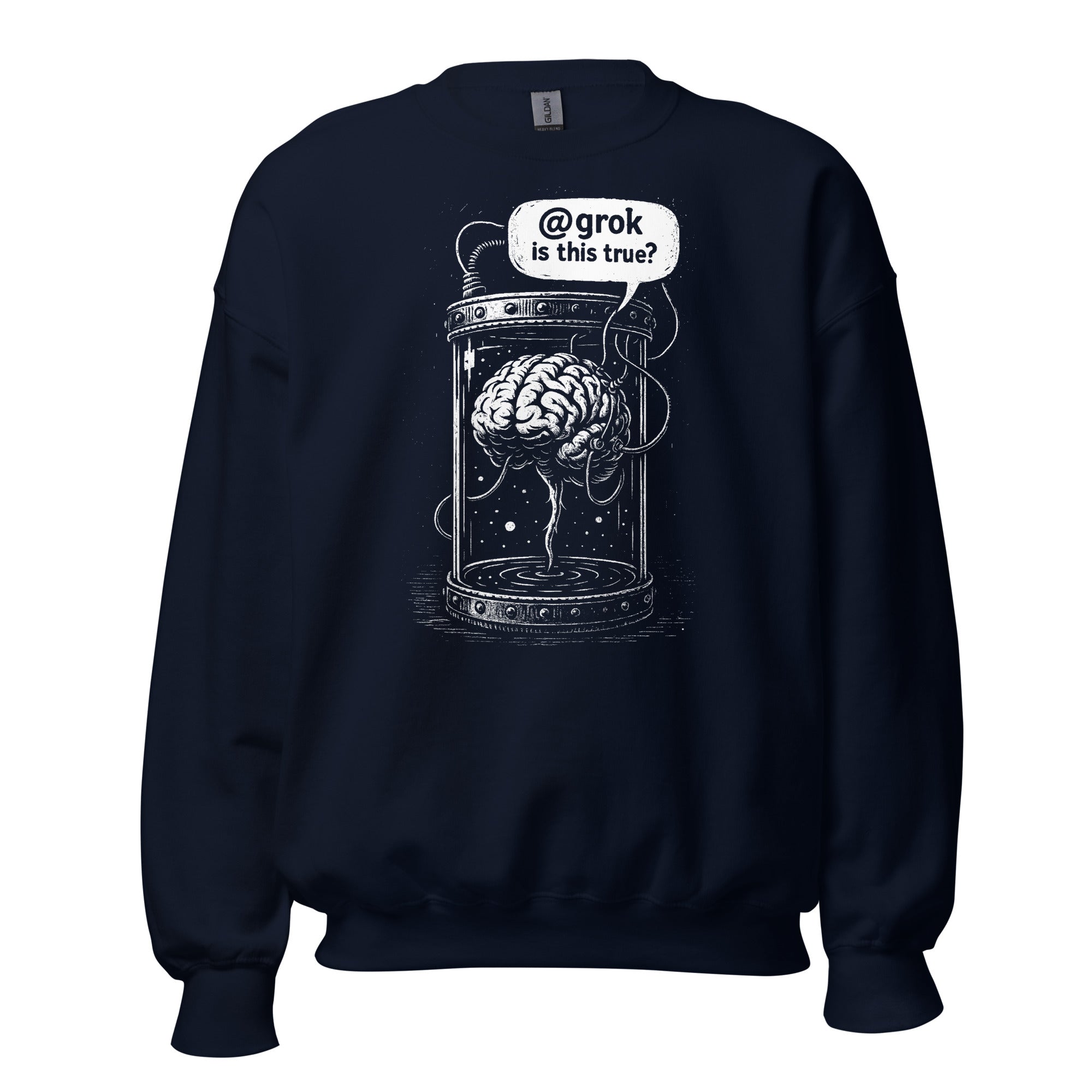 Brain in a vat asking AI - Sweatshirt - Navy - The Philosopher's Shirt