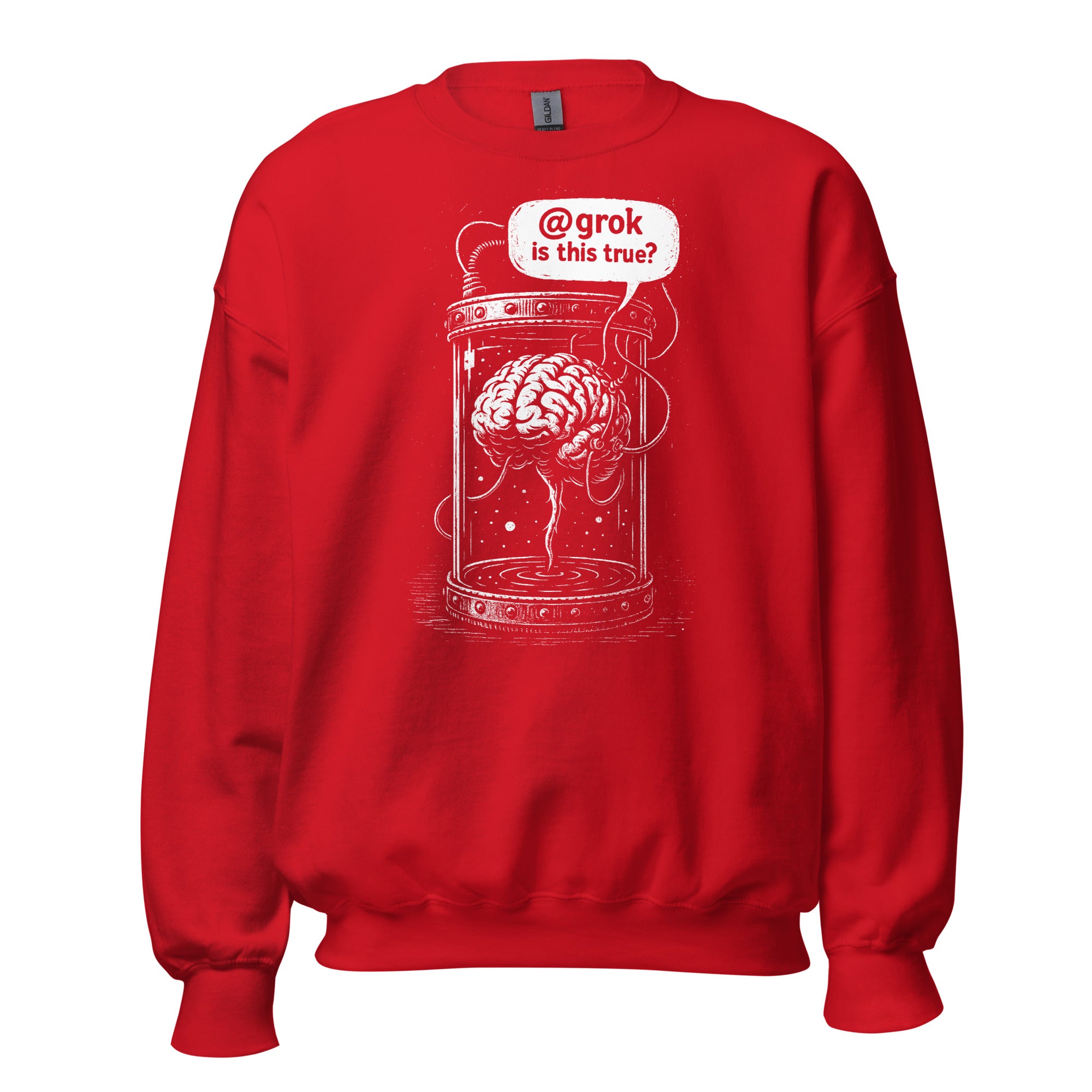 Brain in a vat asking AI - Sweatshirt - Red - The Philosopher's Shirt