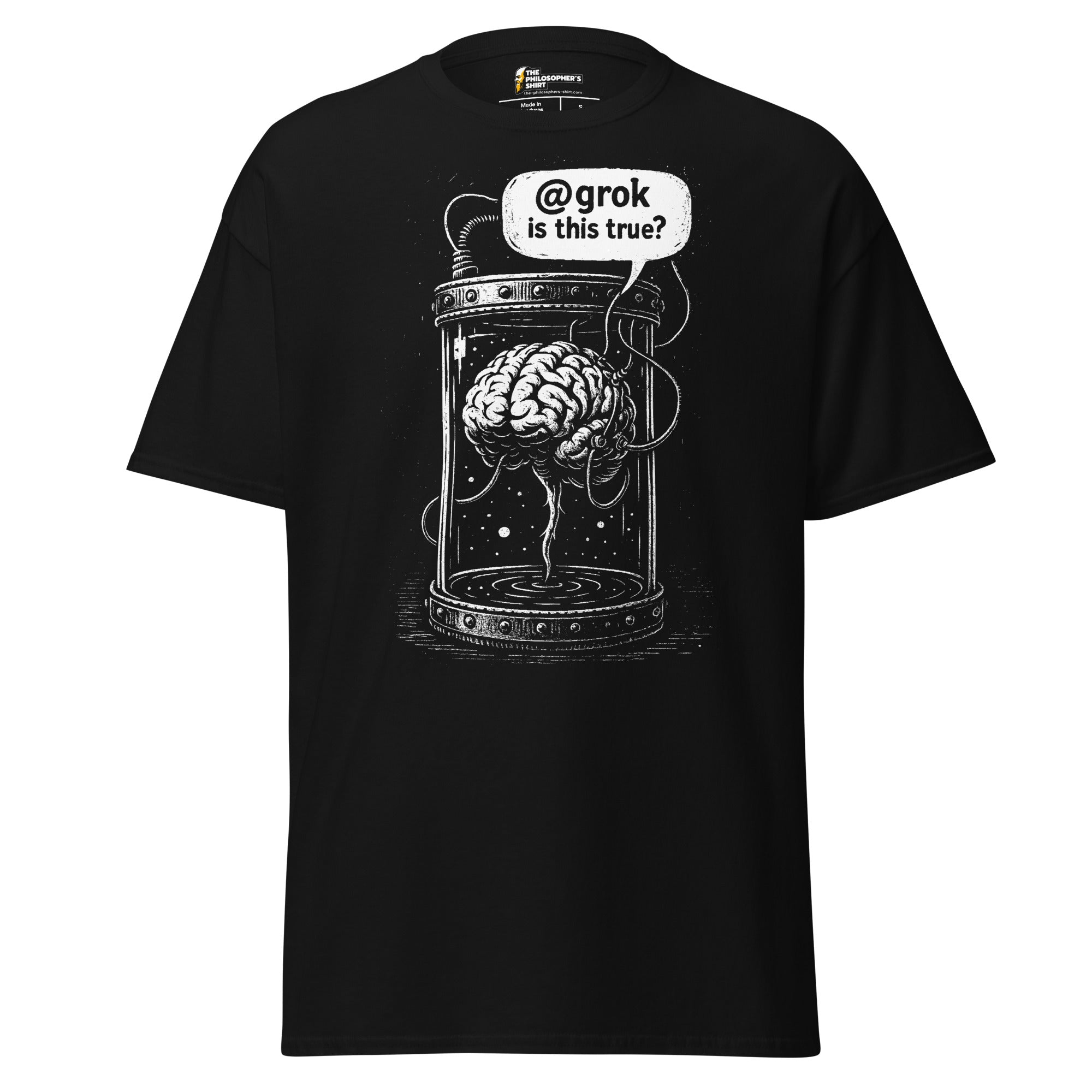 Brain in a vat asking AI - Unisex Classic T-Shirt - Black - The Philosopher's Shirt