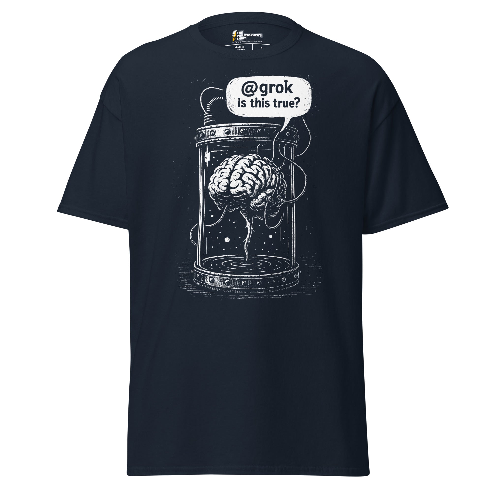 Brain in a vat asking AI - Unisex Classic T-Shirt - Navy - The Philosopher's Shirt