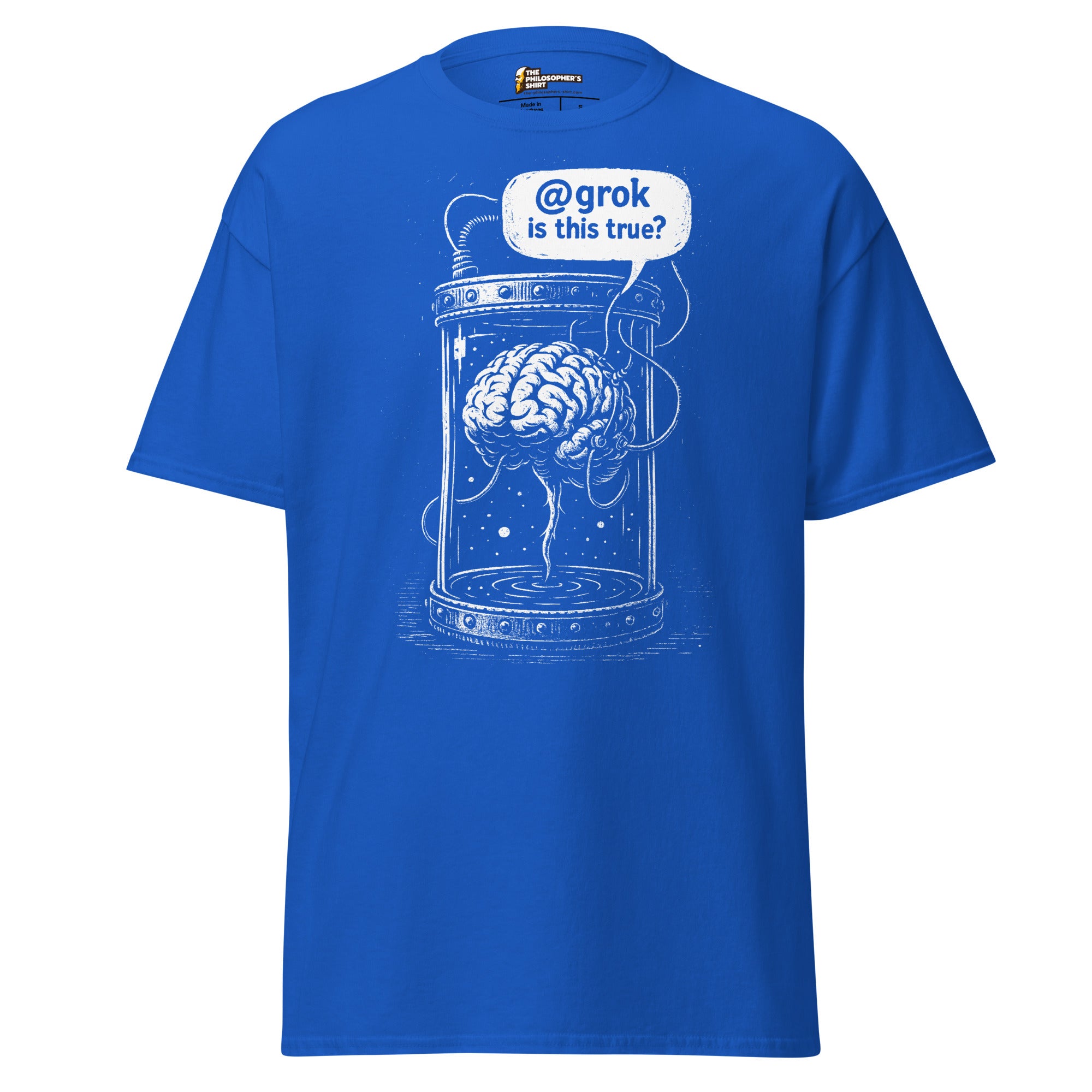 Brain in a vat asking AI - Unisex Classic T-Shirt - Royal - The Philosopher's Shirt